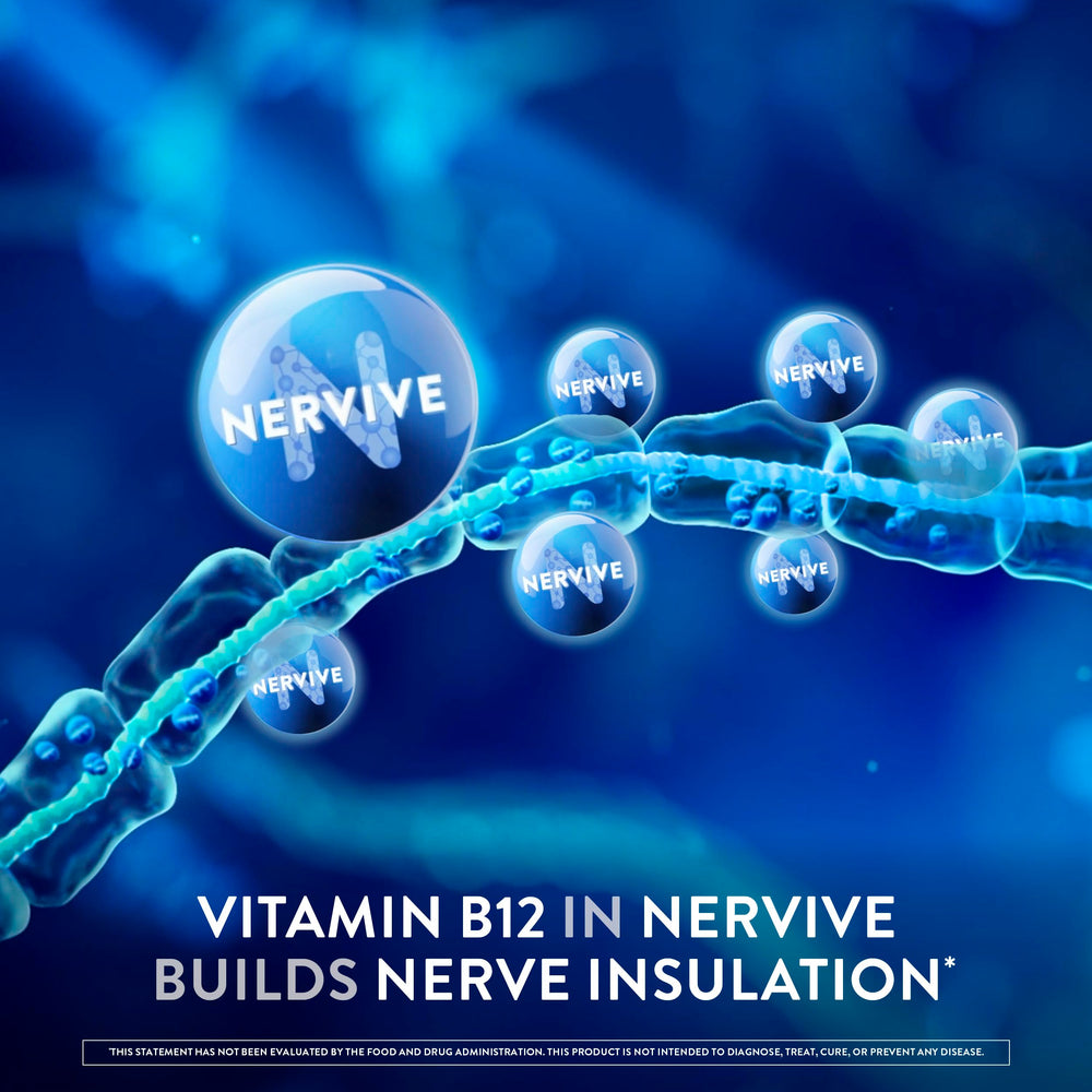 Nervive Nerve Health packaging in store demonstrates convenient daily tablet.