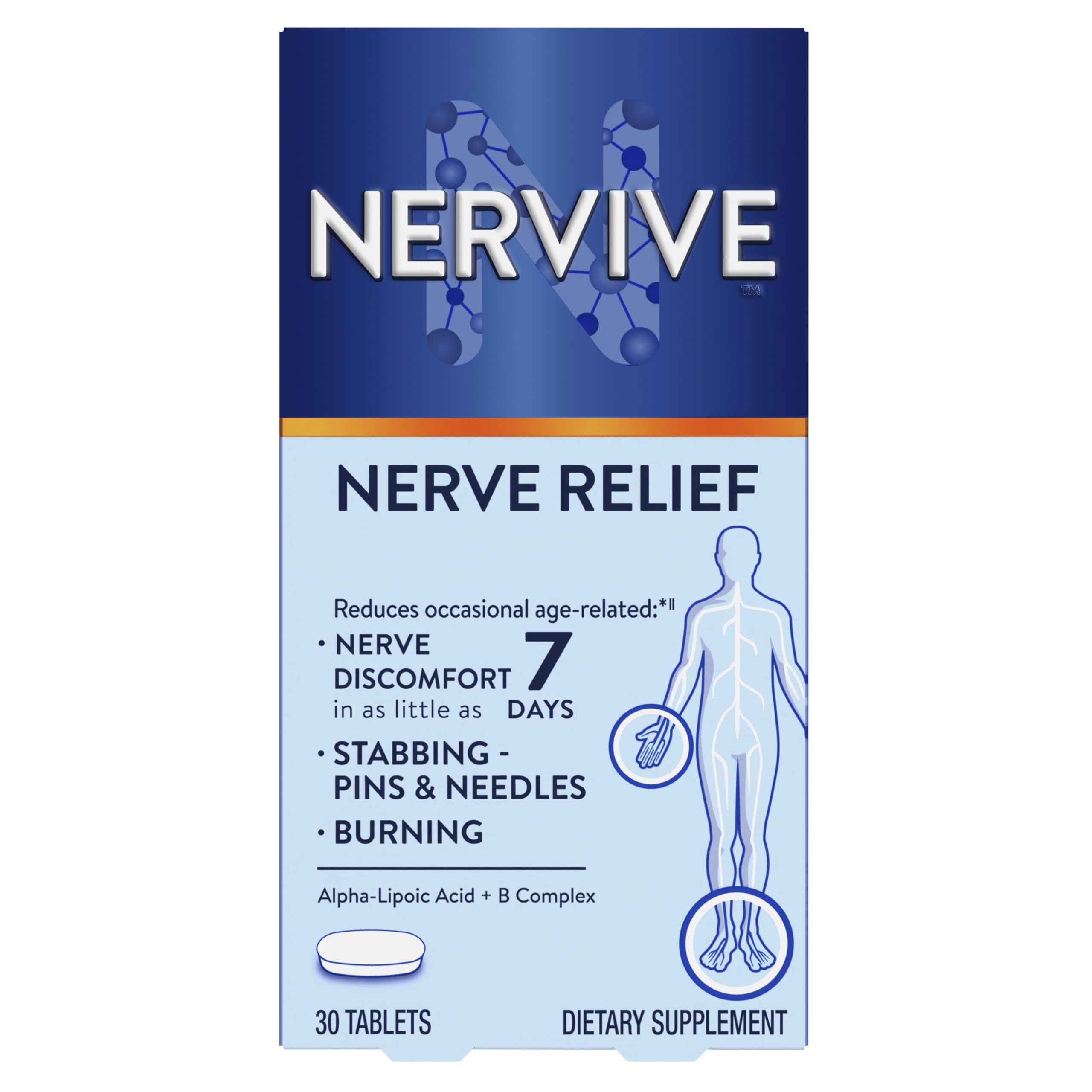 Nervive Nerve Relief bottle shows daily dosing for nerve support