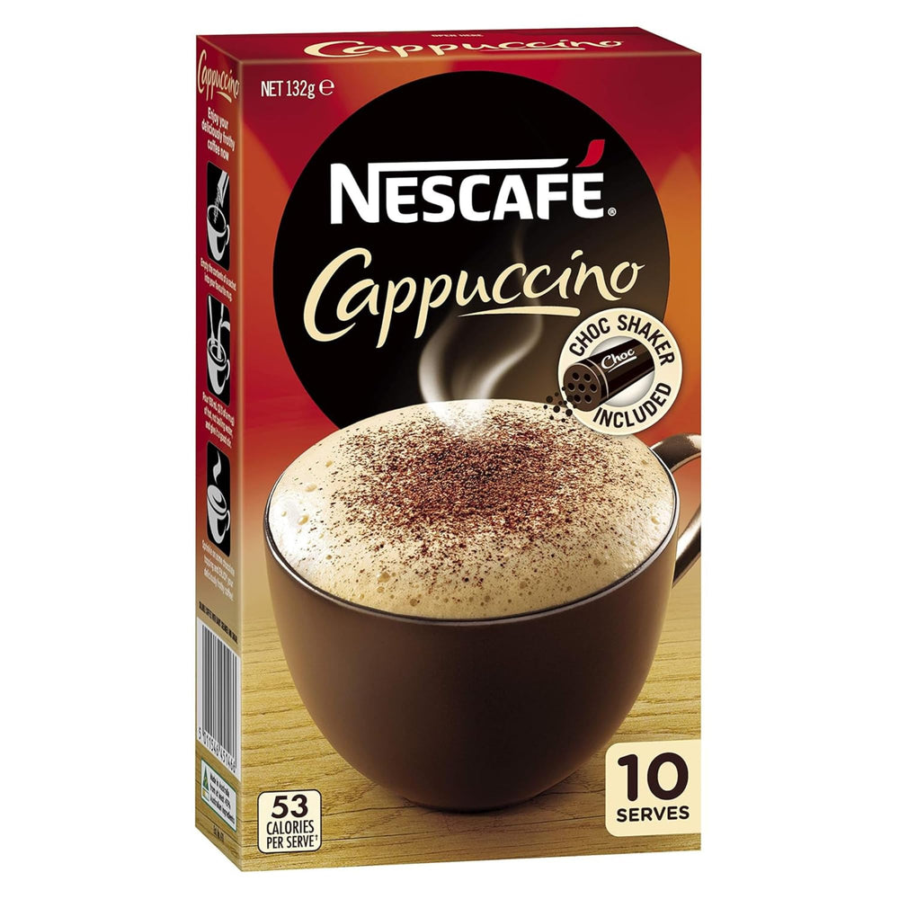 Nescafe Cappuccino 10pk pack on a kitchen counter, ready for quick cafe-style cups