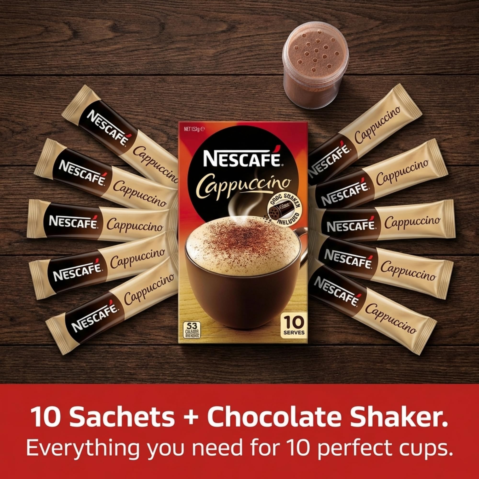Nescafe Cappuccino packaging featuring eco-friendly, recycled plastic sachets