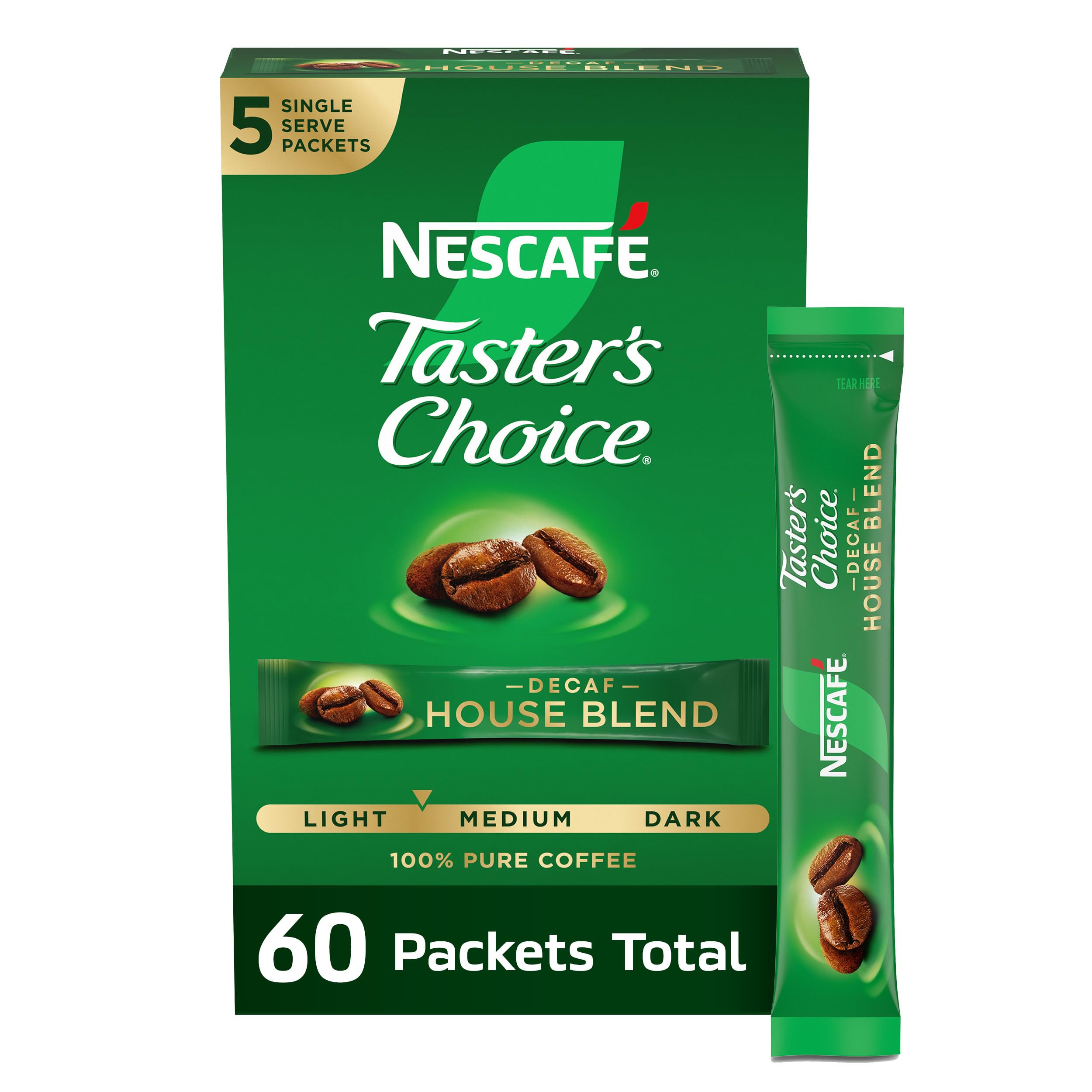 NESCAFÉ Taster's Choice Decaf House Blend packaging and sachets for quick, smooth mornings