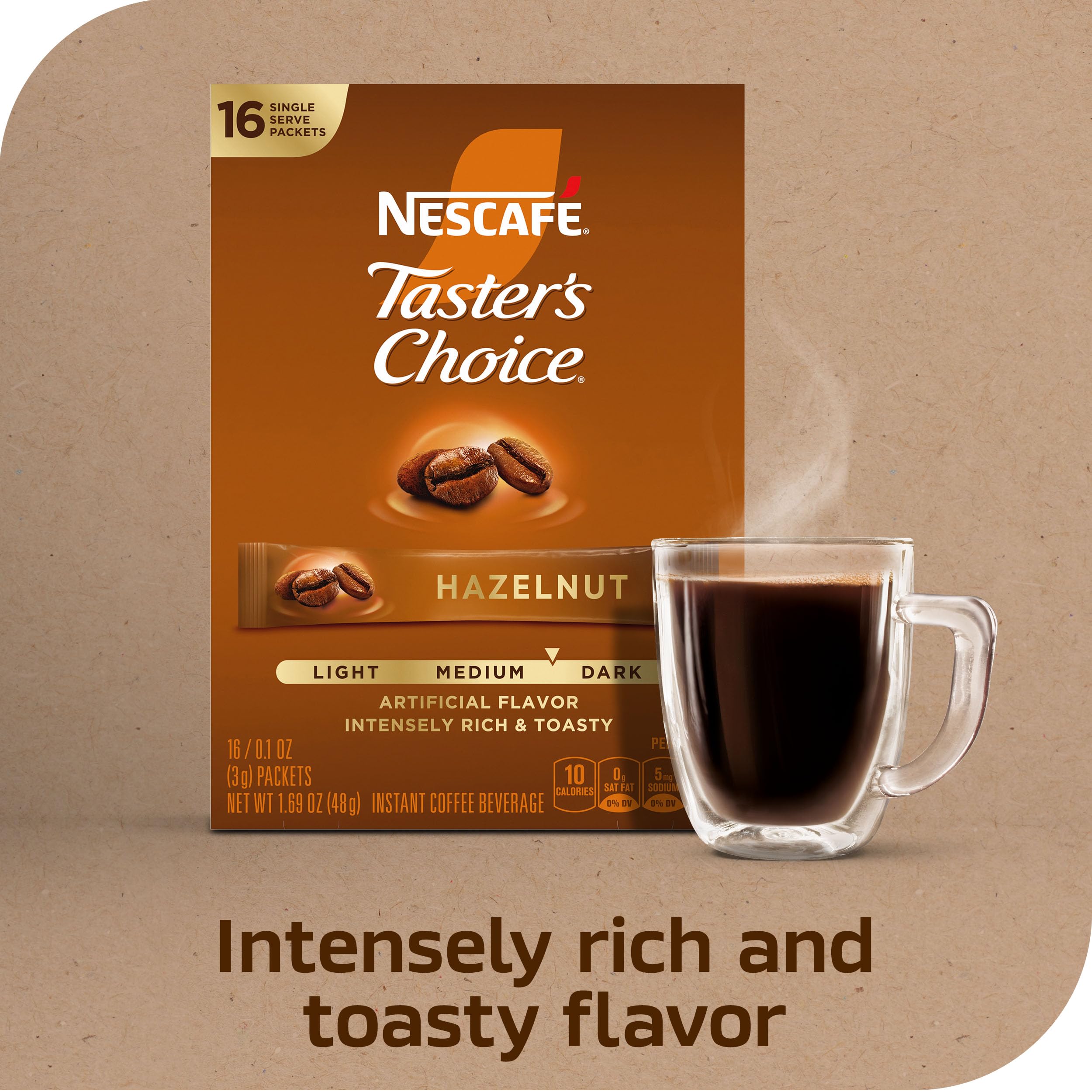 NESCAFÉ Taster's Choice hazelnut 8-box packaging on display.