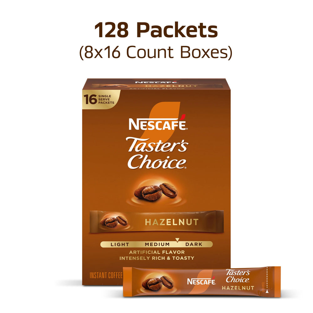 NESCAFÉ Taster's Choice hazelnut packet poured into hot water for speed.