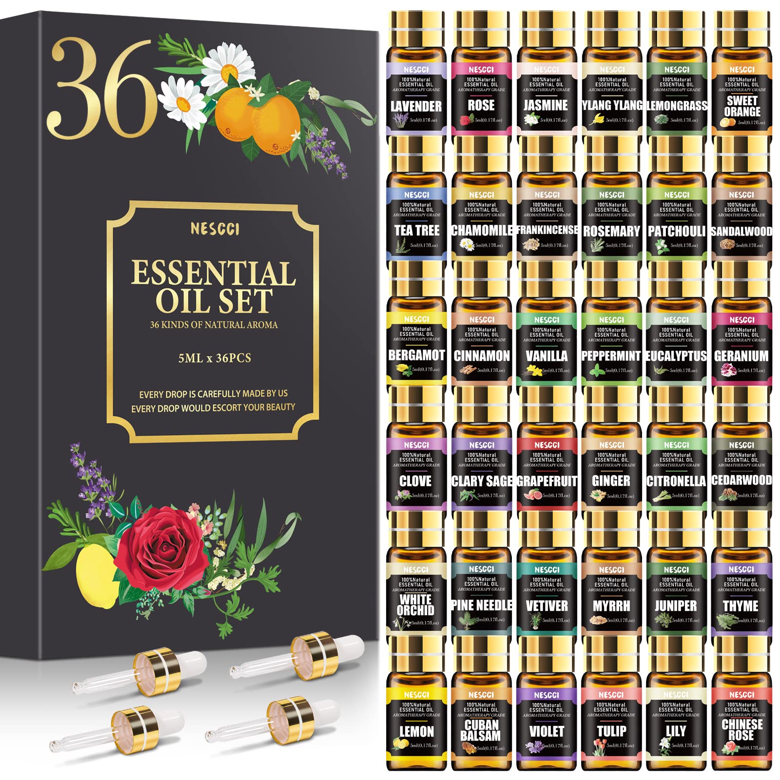 NESCCI Essential Oil Set with 36 bottles, ideal for diffusers and room ambiance.