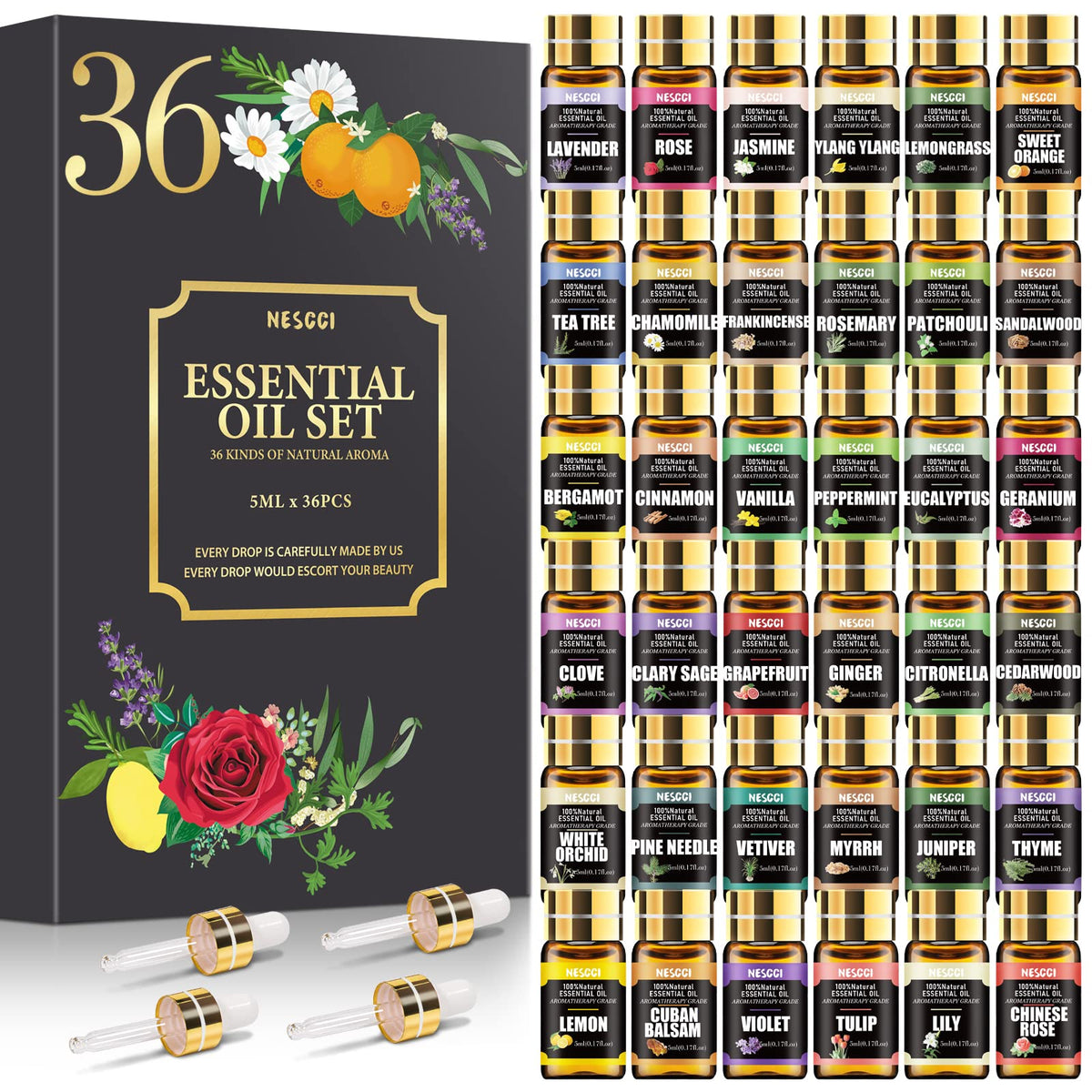NESCCI Essential Oil Set with 36 bottles, ideal for diffusers and room ambiance.