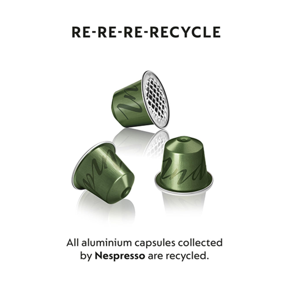 Aluminum Nespresso capsules shown for sustainability and freshness.