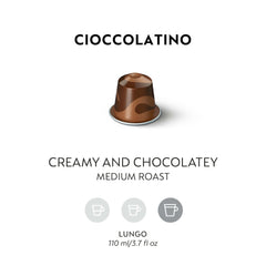 Nespresso Cioccolato cup with steam shows creamy espresso moments.