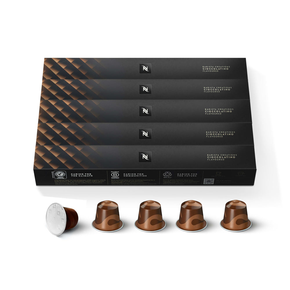 Nespresso Cioccolato Original packshot highlights rich chocolate aroma for a premium morning.