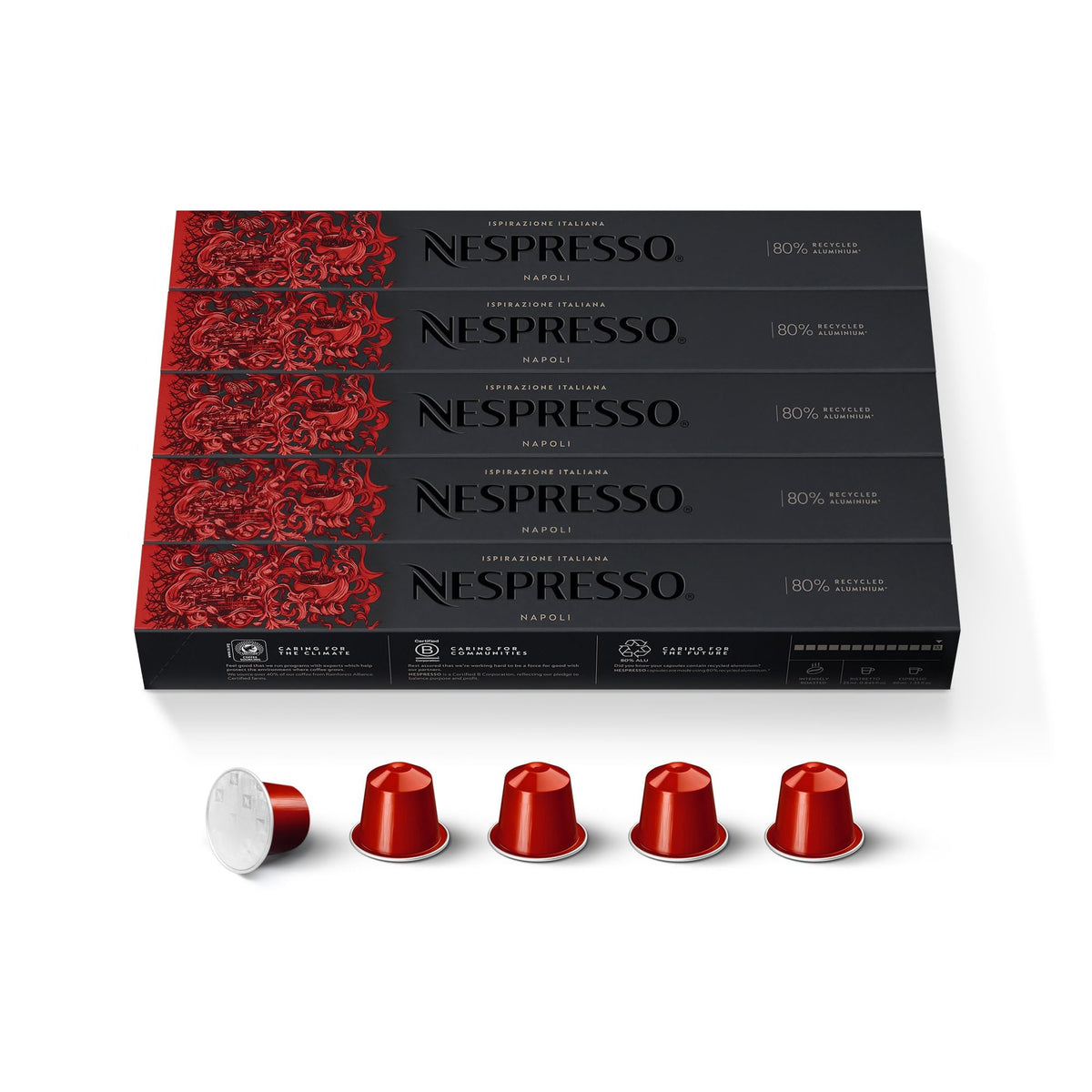 Nespresso Napoli capsules 50-count box delivers quick, consistent espresso at home.