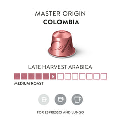 Nespresso Original Colombia Master Origin capsules ready for precise espresso at home.