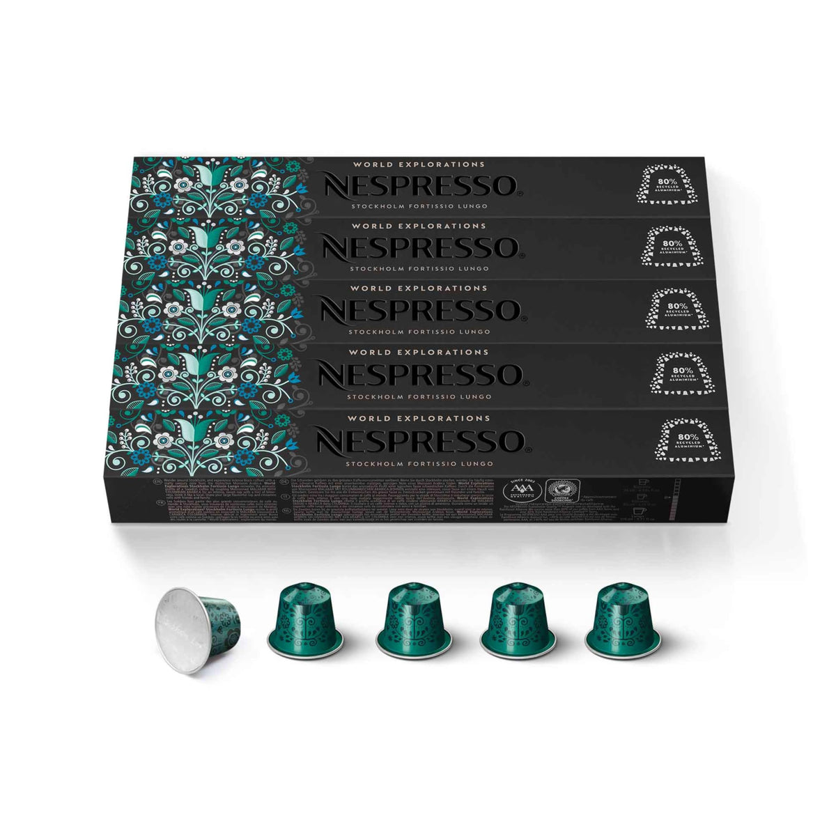Nespresso Stockholm Fortissio Lungo pod close-up highlighting bold aroma for a long cup