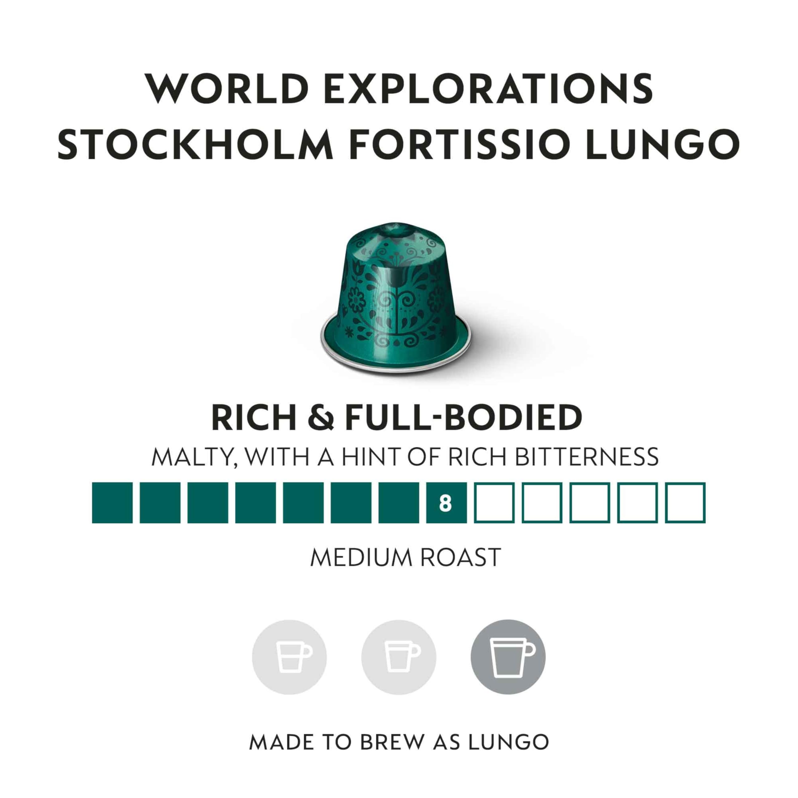 Nespresso Stockholm Fortissio Lungo pod pack shown for everyday use