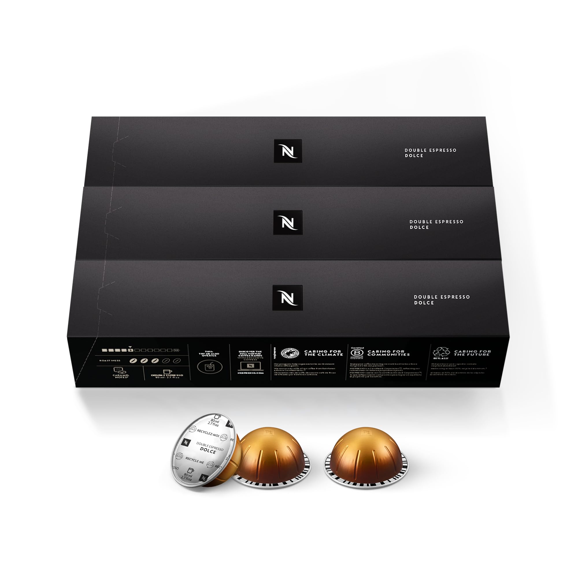 Nespresso Vertuo Dolce capsules pack offering balanced flavor for smooth mornings