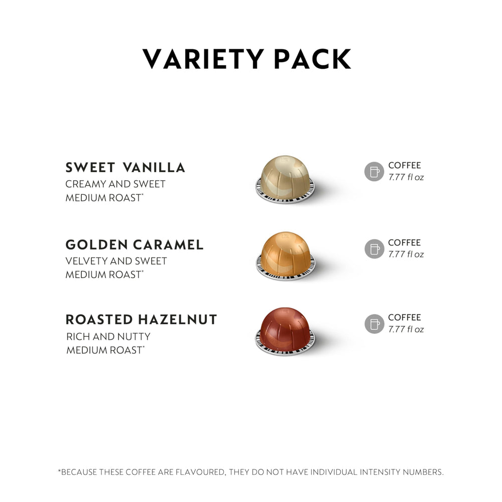 Nespresso Vertuo Golden Caramel capsules offer biscuity caramel sweetness for indulgent moments.