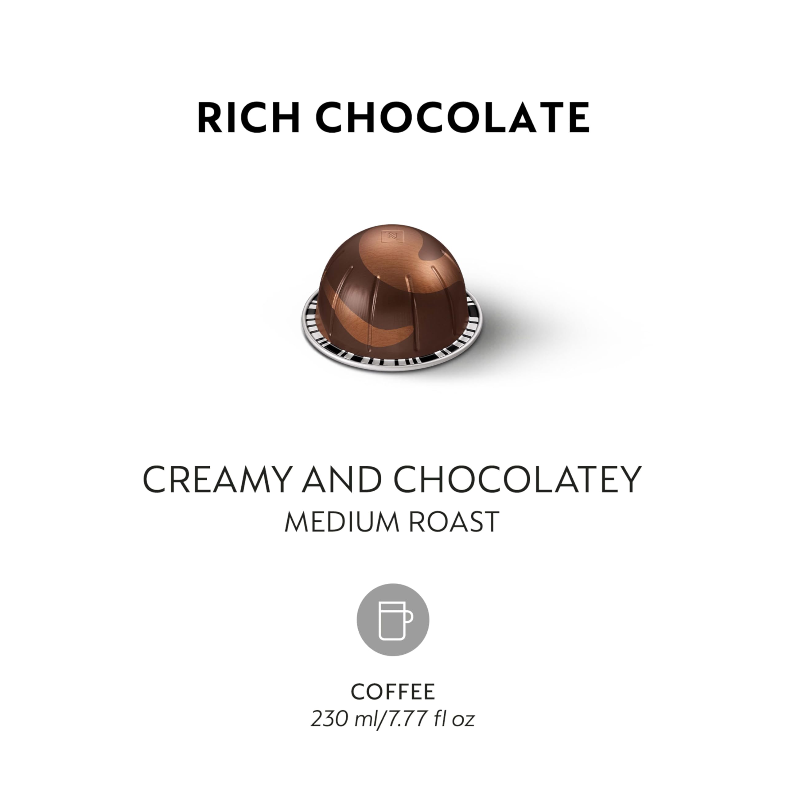 Nespresso Vertuo Rich Chocolate cup showcasing velvety chocolate notes.