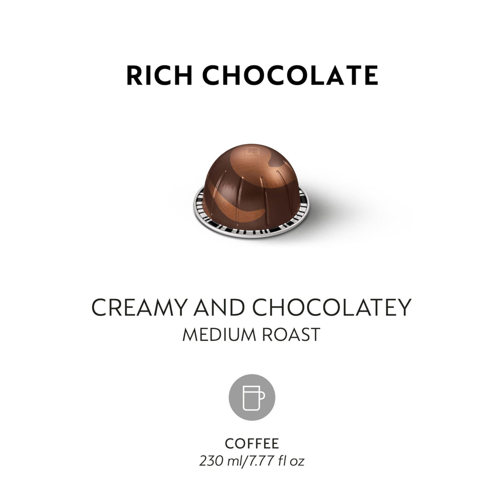 Nespresso Vertuo Rich Chocolate cup showcasing velvety chocolate notes.