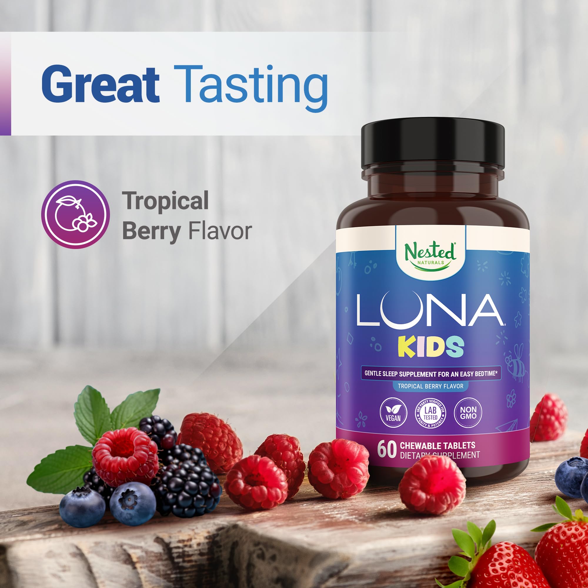 Sugar-free Luna Kids formulation shown for nightly routines