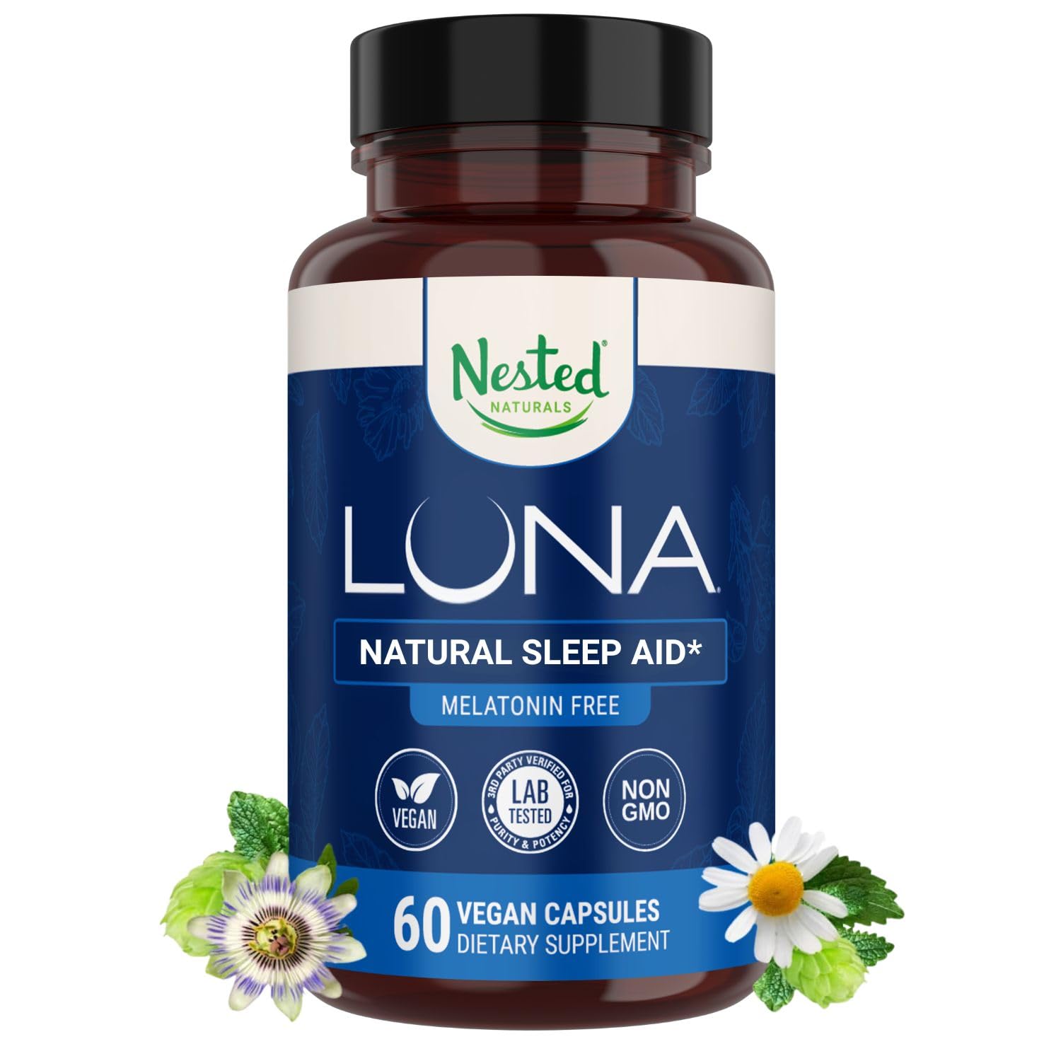 Nested Naturals Luna Sleep bottle closeup for easy bedtime support and calm evenings.