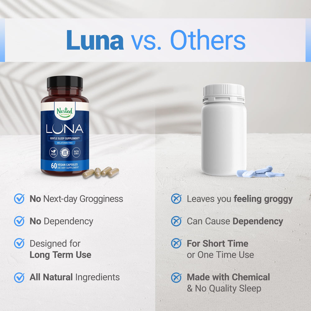 Nested Naturals Luna Sleep bottle on night table conveying convenient nightly routine.