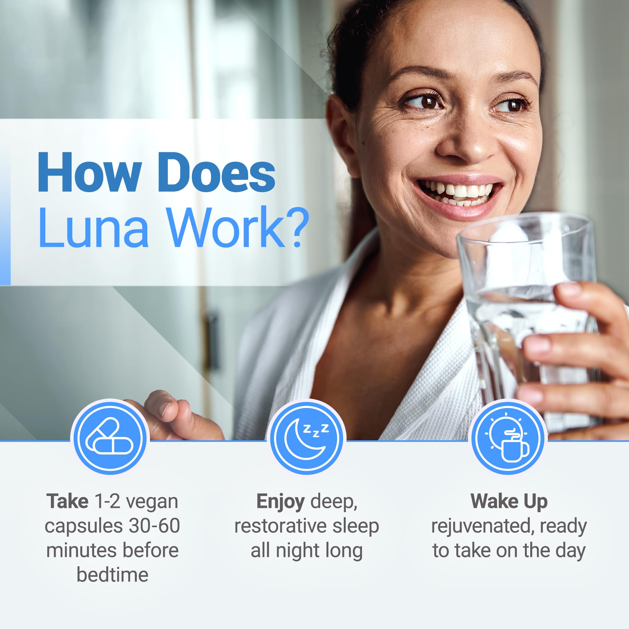Nested Naturals Luna Sleep capsules outline highlighting melatonin-free formula for non-habit forming rest.