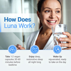 Nested Naturals Luna Sleep capsules outline highlighting melatonin-free formula for non-habit forming rest.