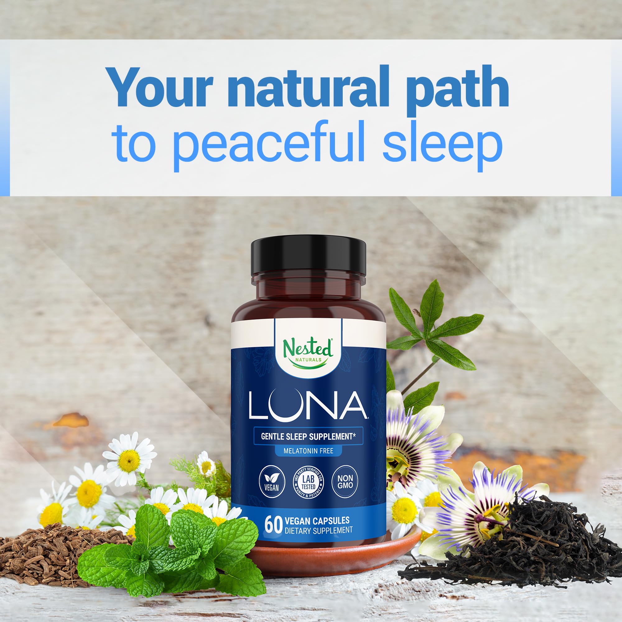 Nested Naturals Luna Sleep valerian root image suggesting faster relaxation before bed.