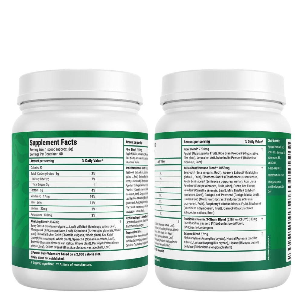 Nested Naturals greens for on-the-go daily nutrition in a compact tub.