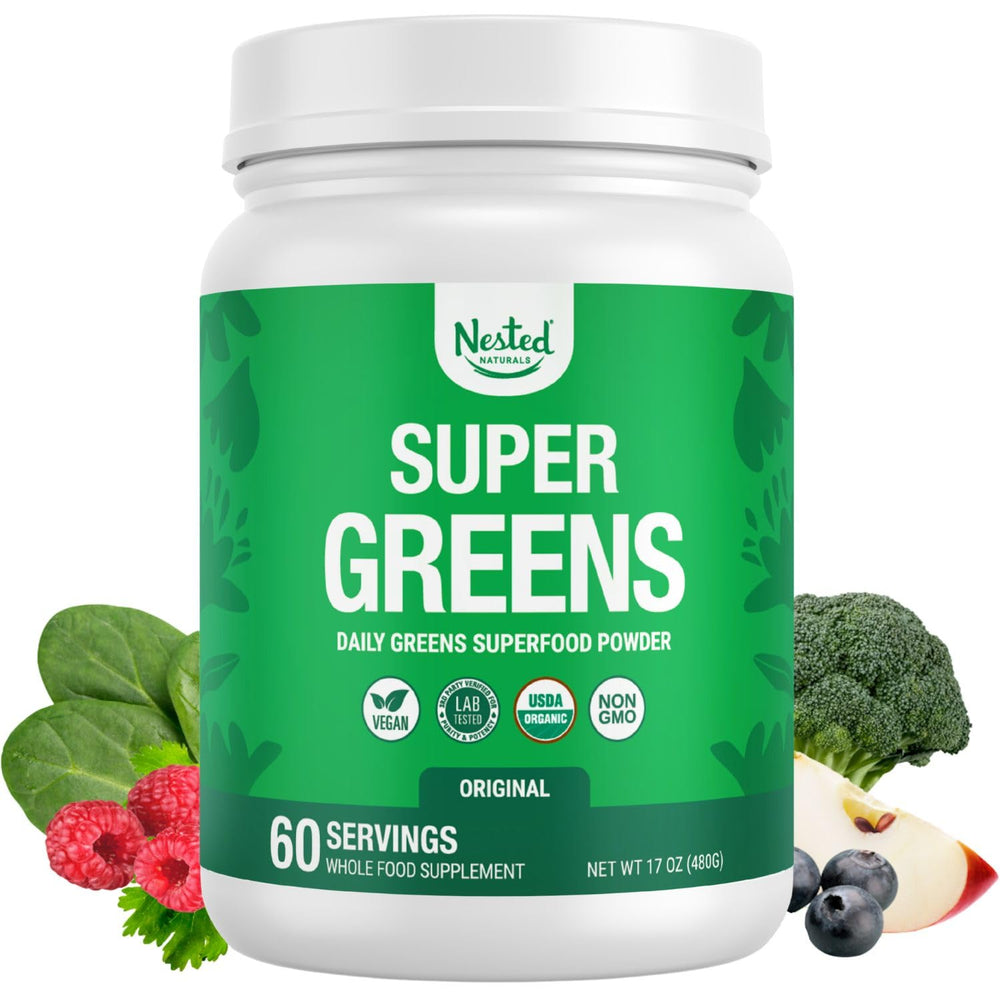 Nested Naturals Super Greens powder tub front for convenient daily nutrition.