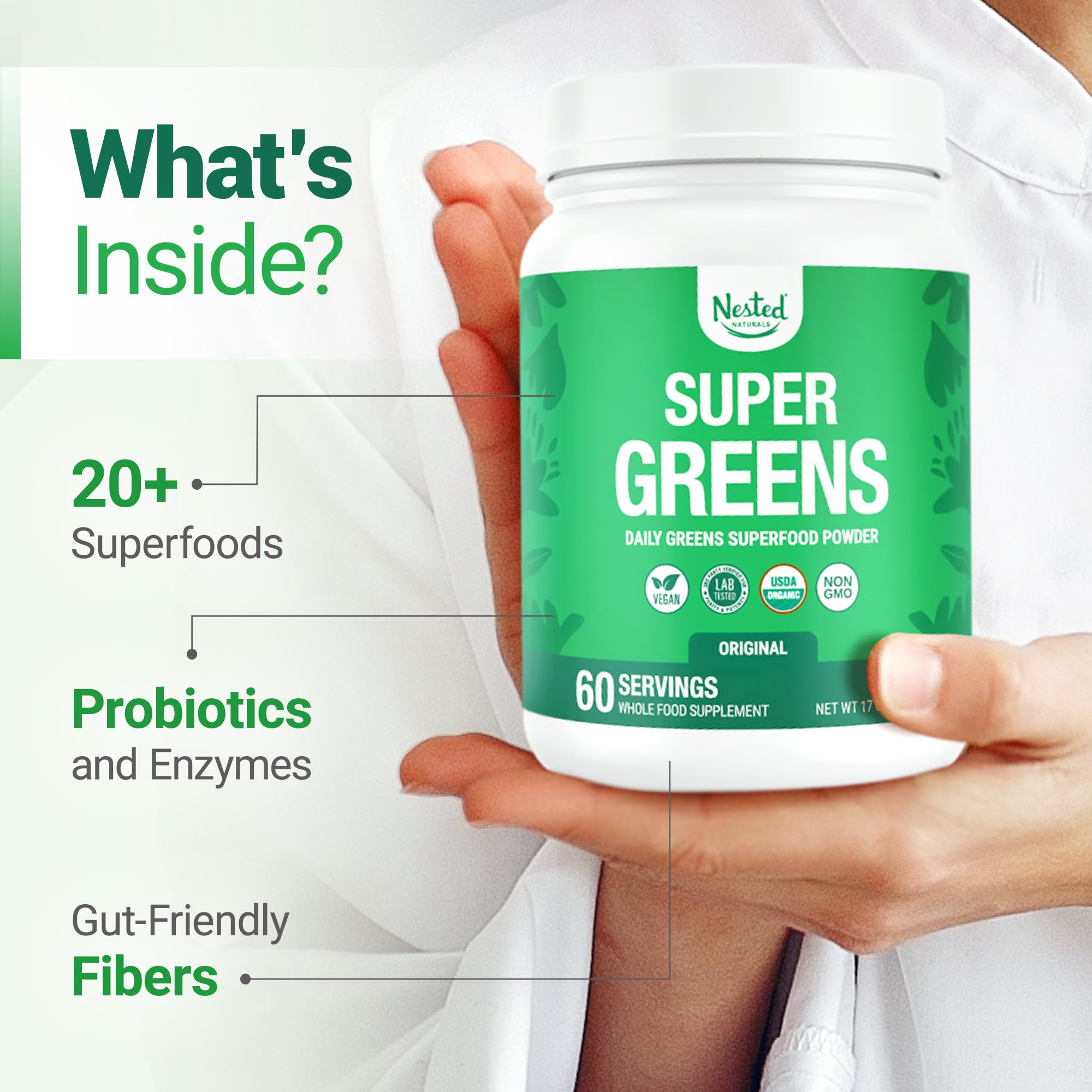Nested Naturals Super Greens close-up highlighting spirulina and chlorella.