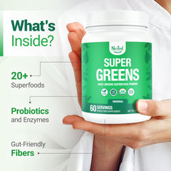 Nested Naturals Super Greens close-up highlighting spirulina and chlorella.