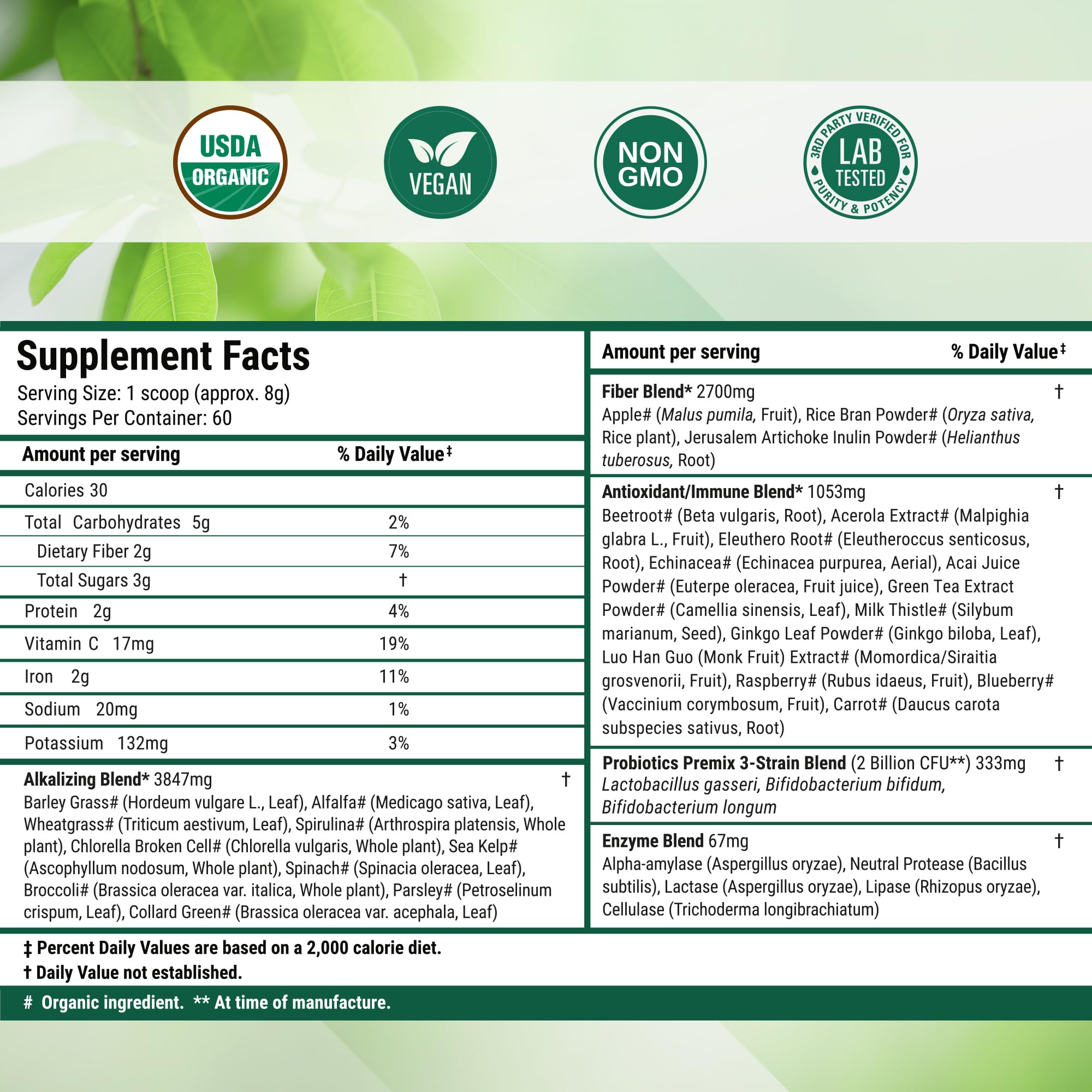 Nested Naturals Super Greens proudly shows USDA Organic certification.