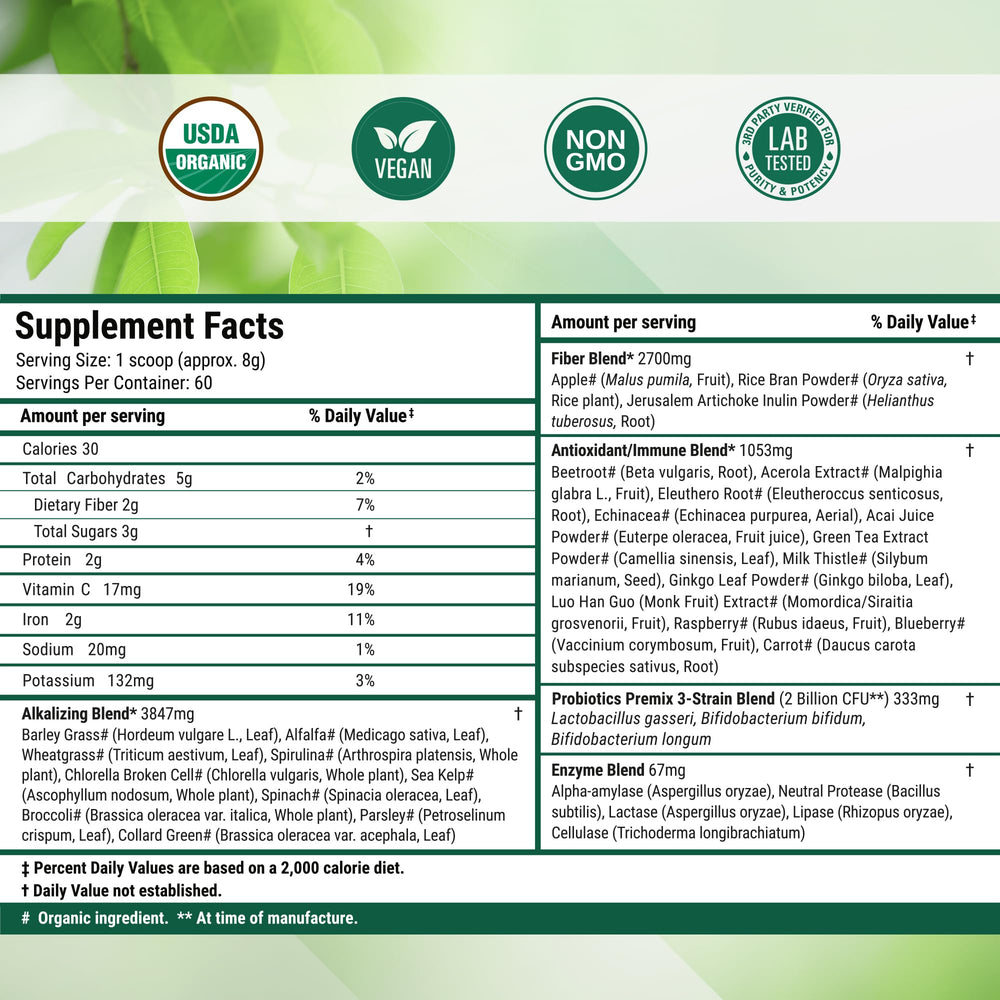 Nested Naturals Super Greens proudly shows USDA Organic certification.