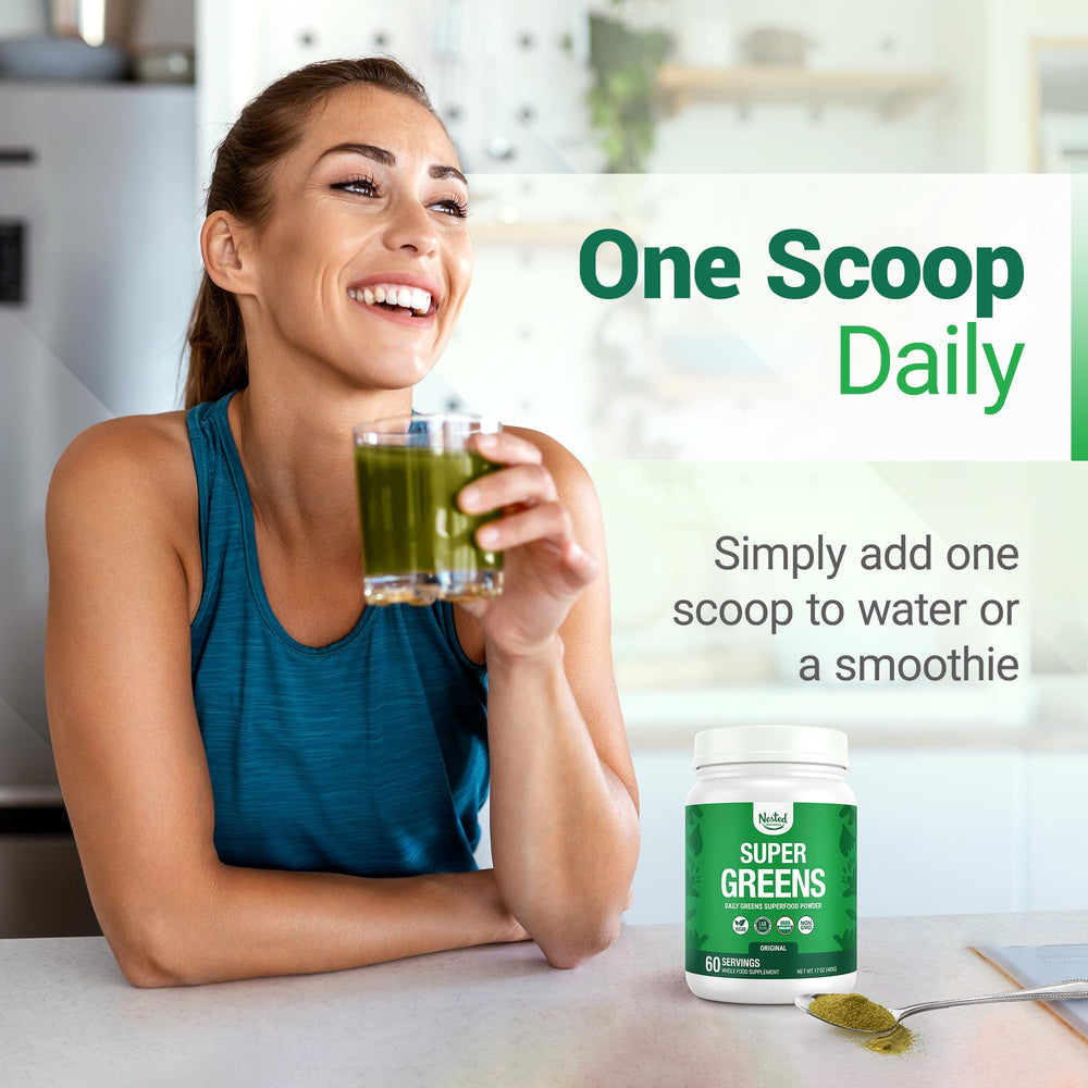 Nested Naturals greens blend features wheatgrass and barley grass.