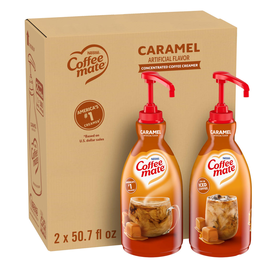 Nestle Coffee mate Caramel Creamer pump bottle beside a steaming cup for quick caramel flavor.