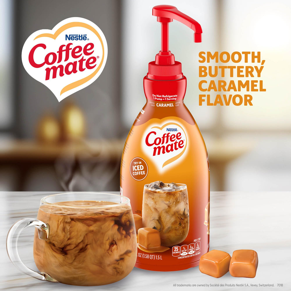 Nestle Coffee mate Caramel Creamer pump action dispensing into hot coffee.