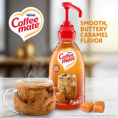Nestle Coffee mate Caramel Creamer pump action dispensing into hot coffee.