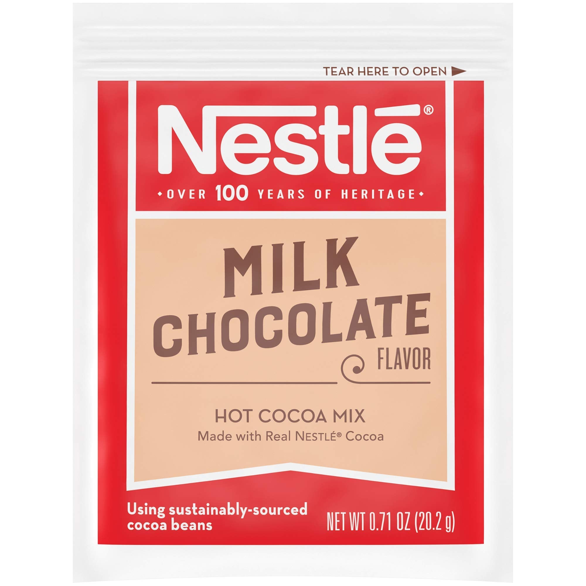 Nestle Hot Cocoa milk-chocolate packet; ready-to-make cup with hot water or milk.
