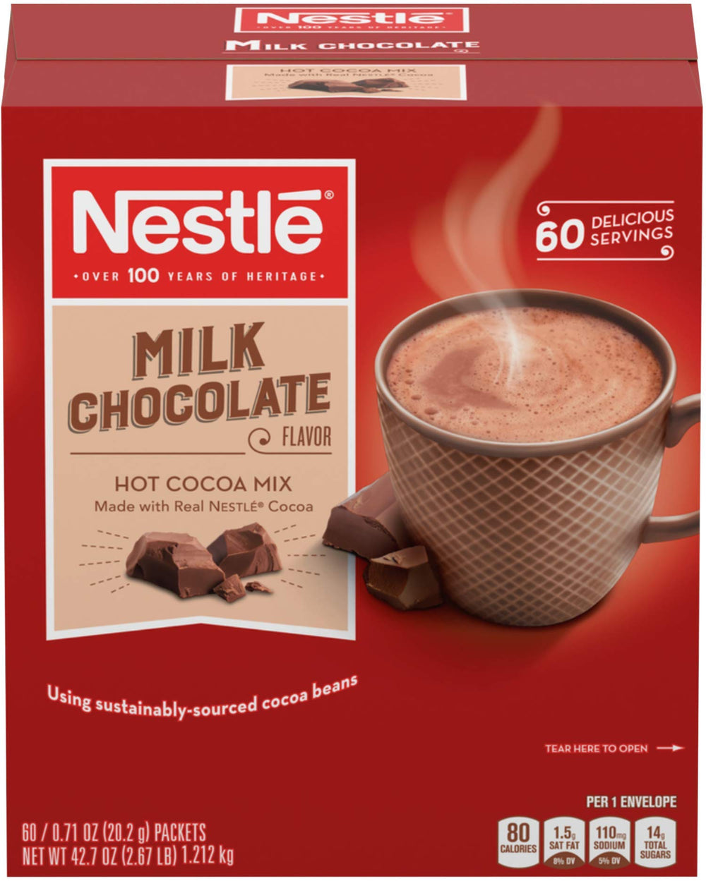 Nestle Hot Cocoa packets close-up; convenient single-serve sachets for quick indulgence.