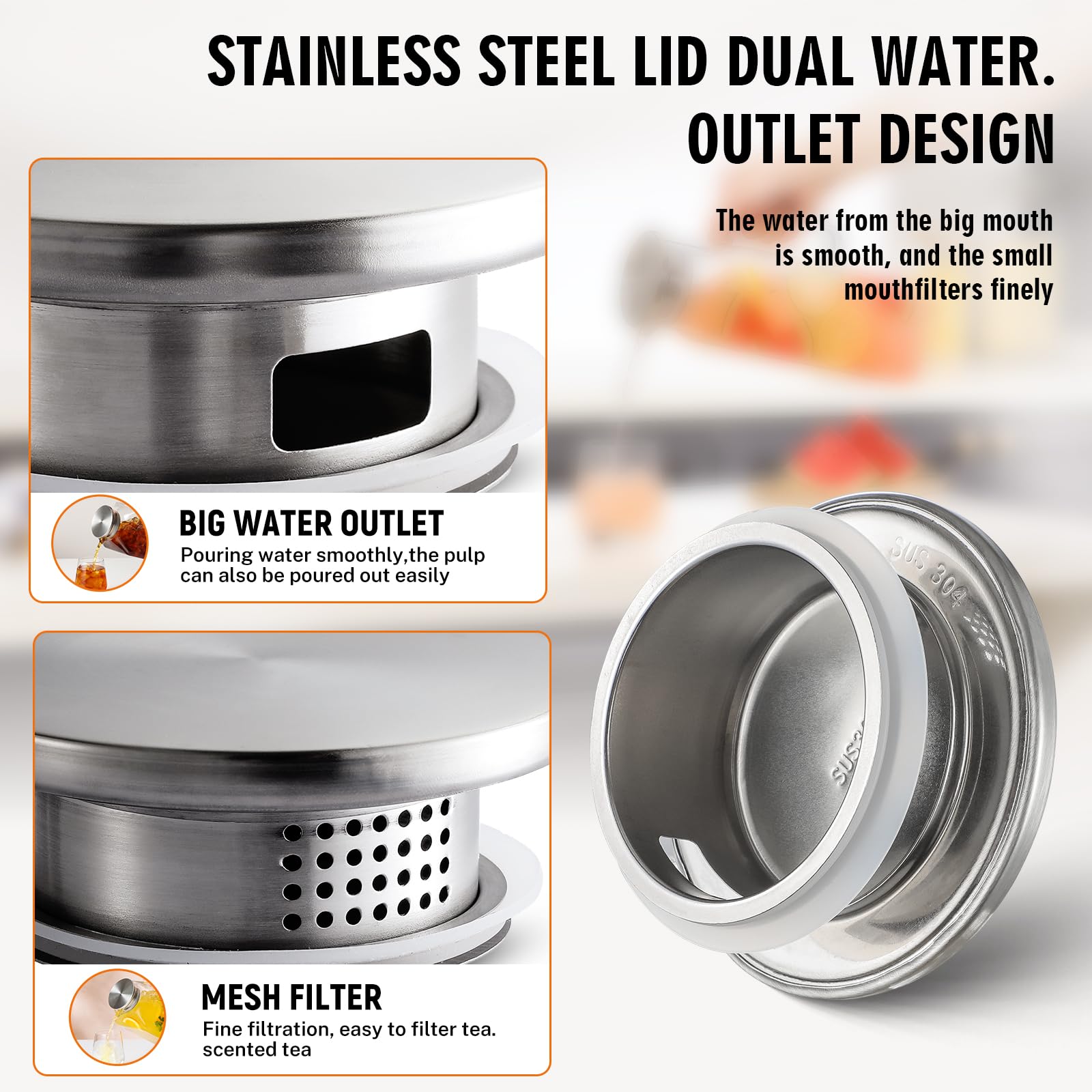 NETANY stainless steel pouring lid with built-in strainer keeps loose bits out.