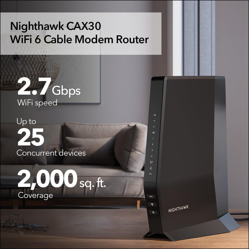 NETGEAR Nighthawk CAX30 AX2700 WiFi 6 scene emphasizing fast multi-device performance