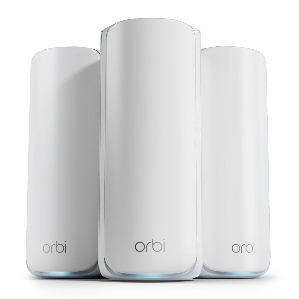 NETGEAR Orbi 770 router front view with bold design for whole-home WiFi 7 coverage
