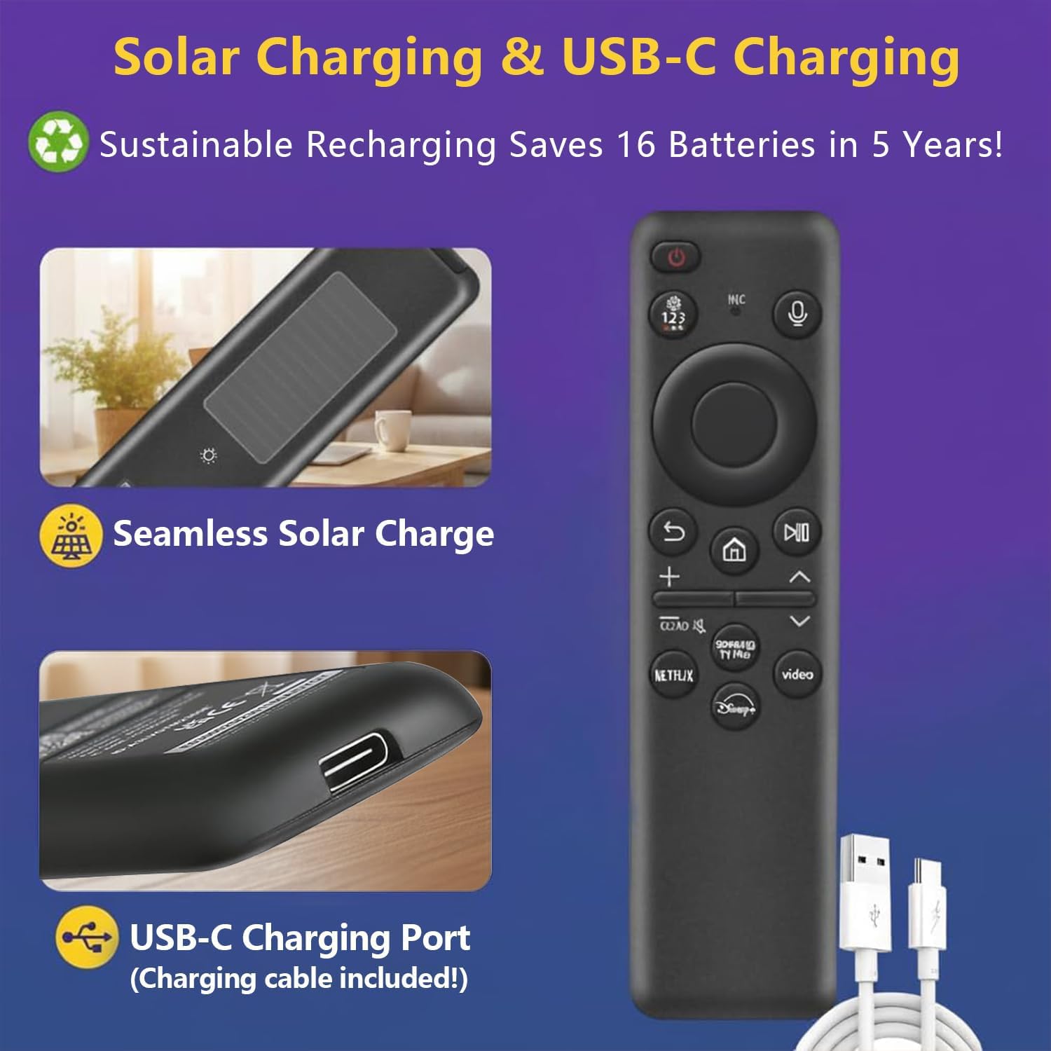 Nettech remote charging via USB-C with included cable for quick top-ups