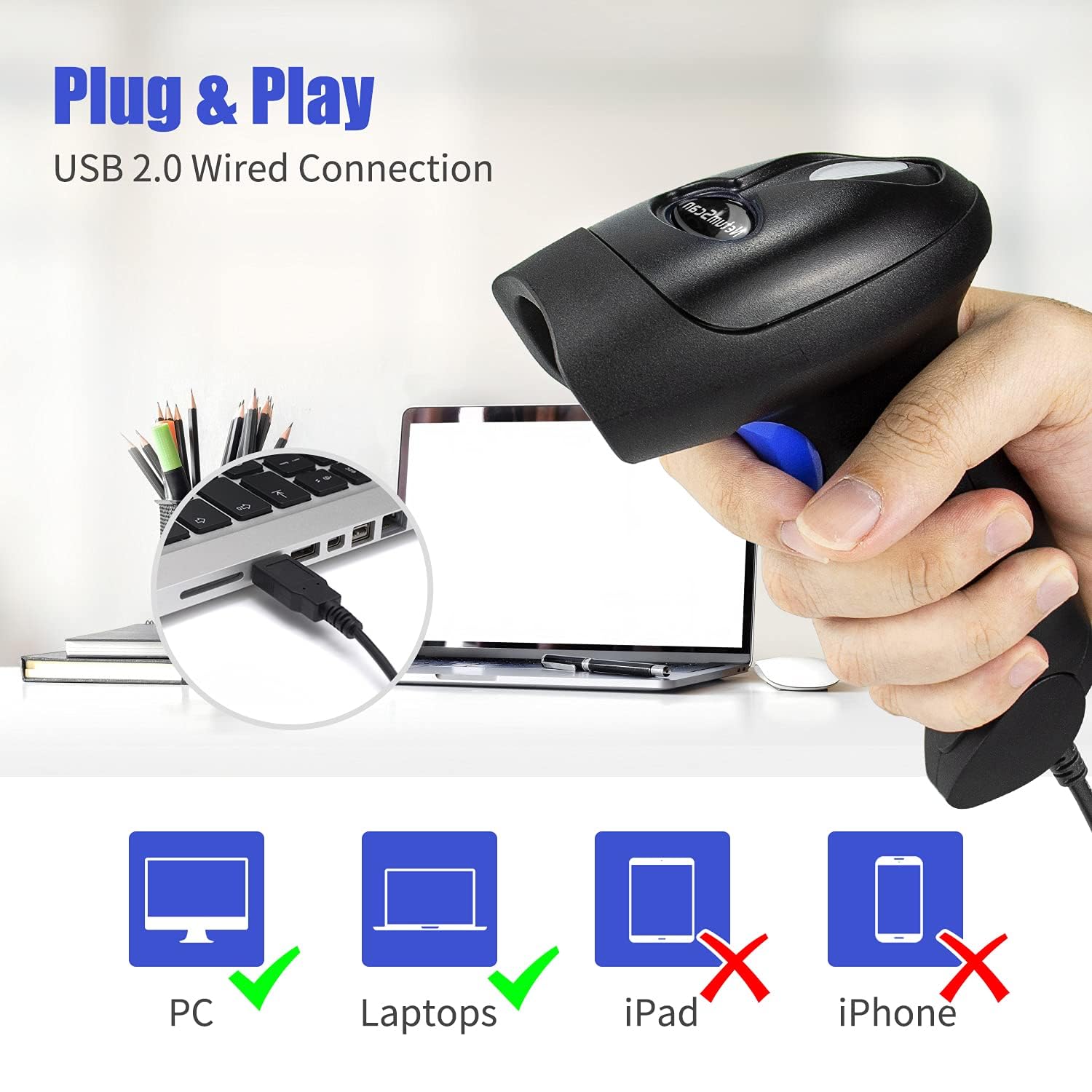 NetumScan USB 1D scanner reading codes from paper and screens efficiently