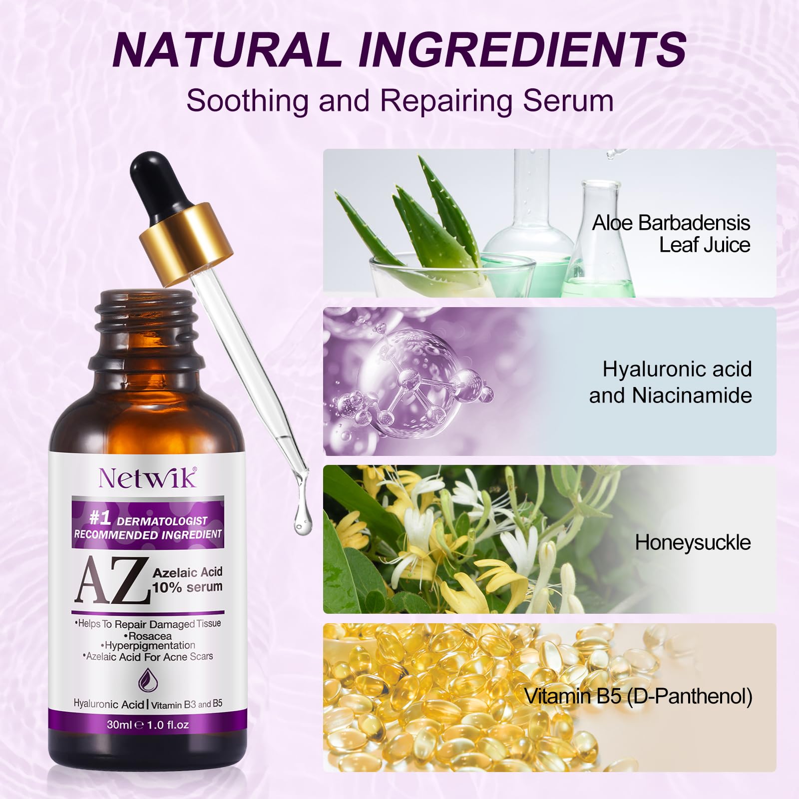 Netwik azelaic acid serum texture close-up showing clear, non-tacky formula.