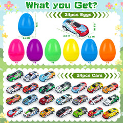 NEUBSAW pull-back cars inside eggs, quick-powered fun for kids during Easter celebrations.