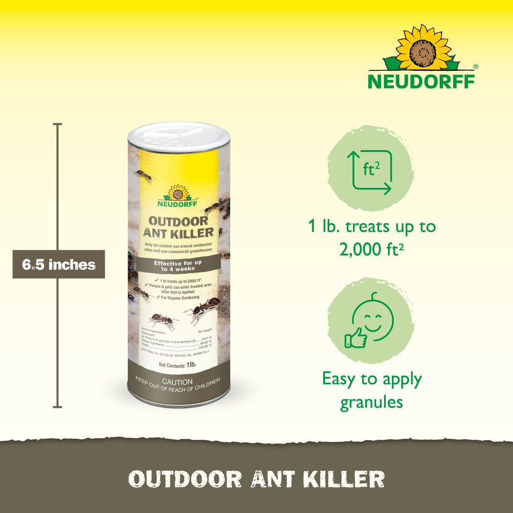 Close-up of Neudorff ant bait granules for outdoor use.