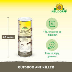 Close-up of Neudorff ant bait granules for outdoor use.
