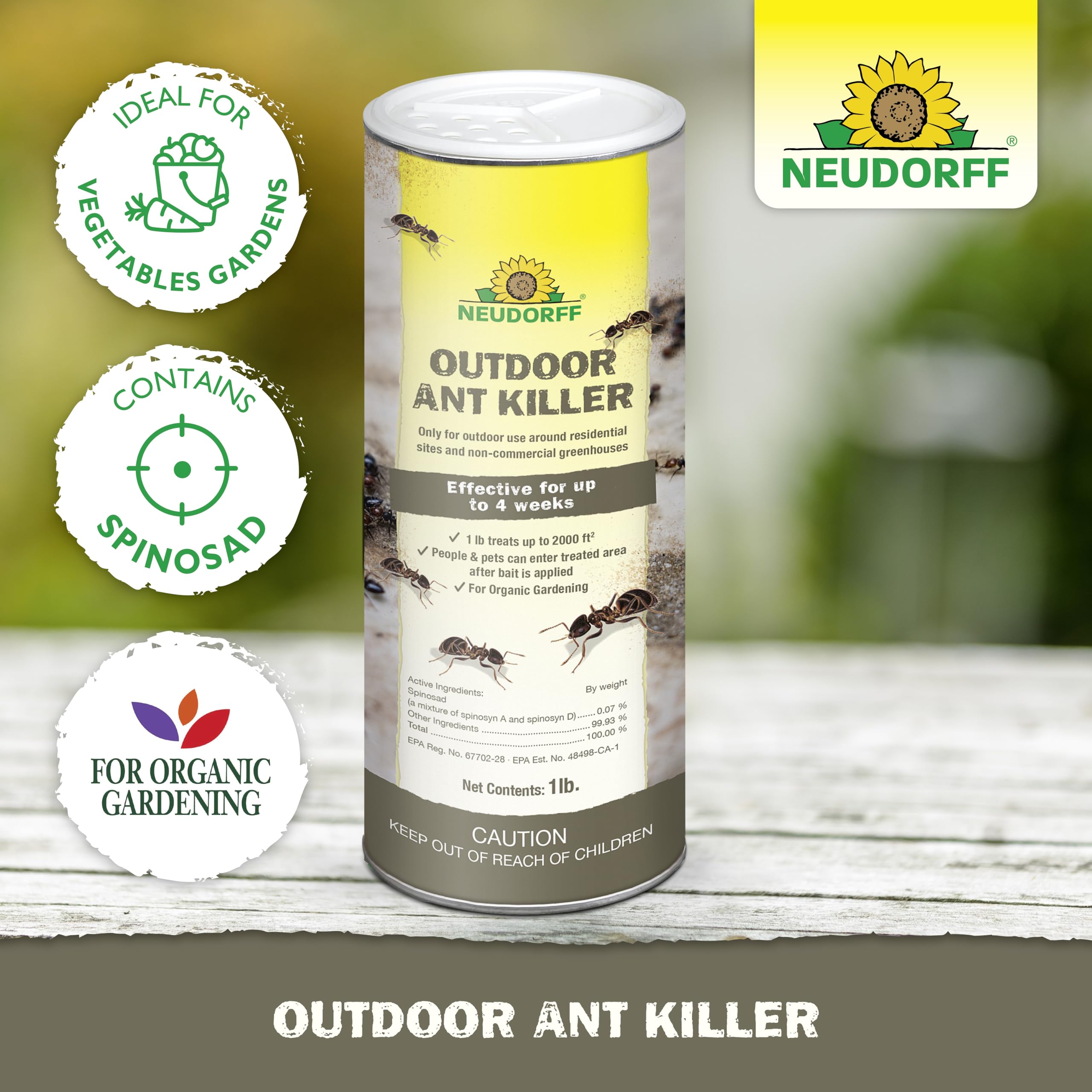 Neudorff organic gardening ant killer granules safe for organic setups.