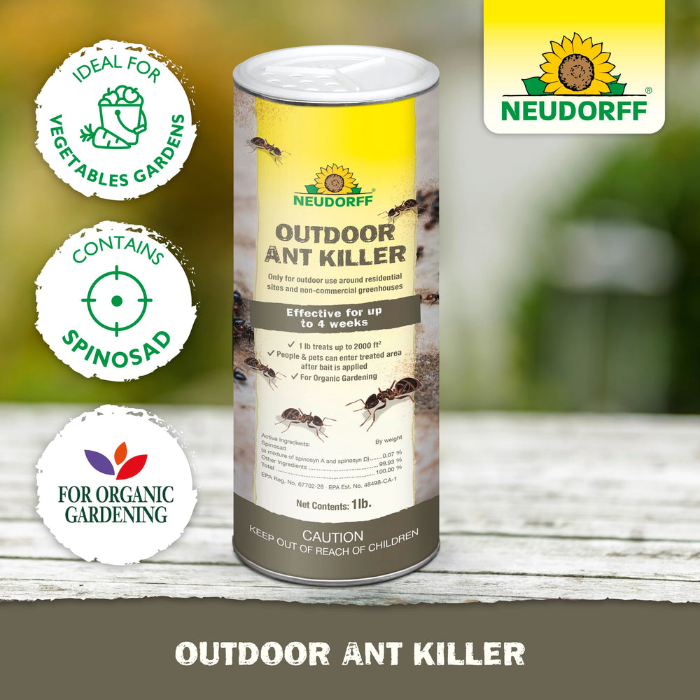Neudorff organic gardening ant killer granules safe for organic setups.