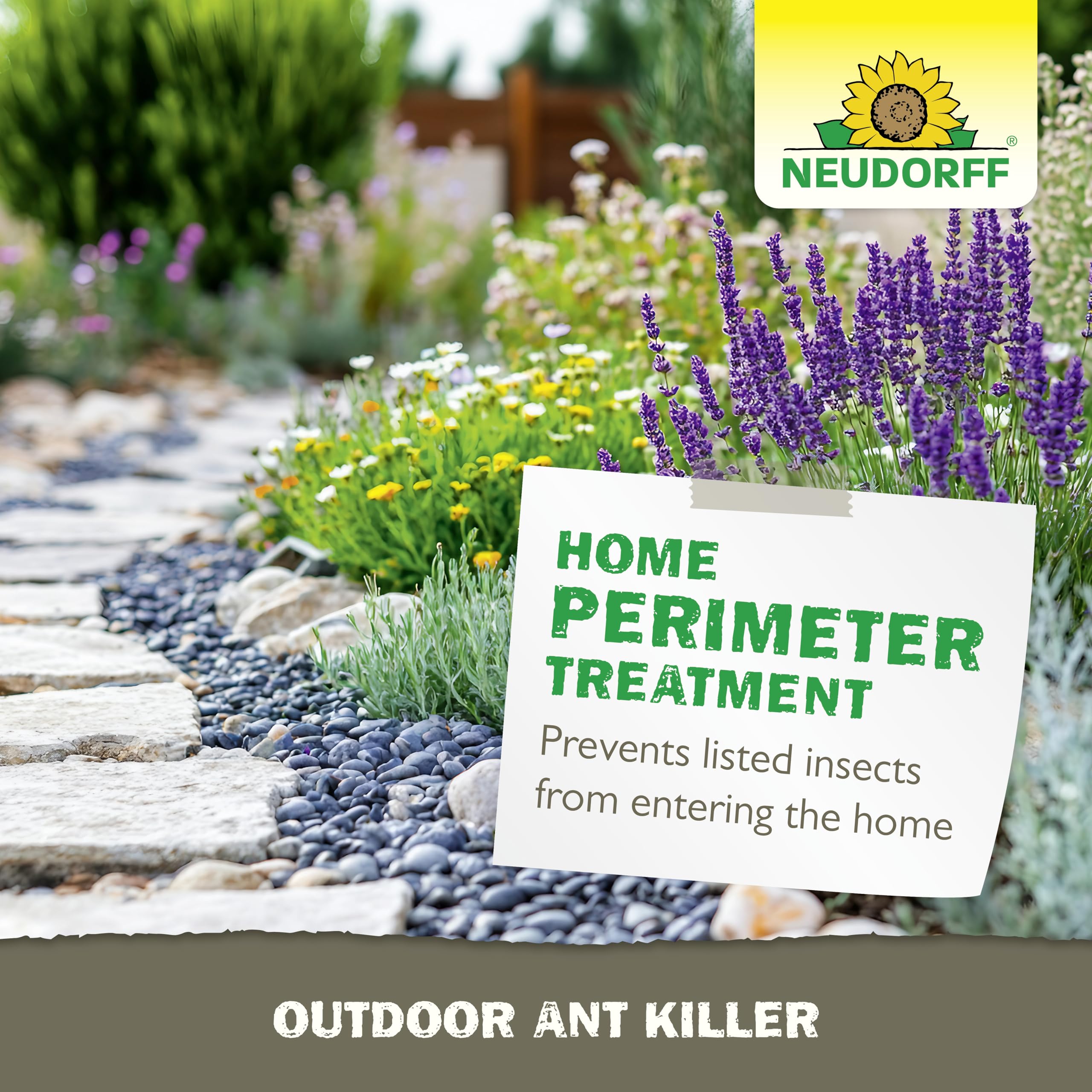 Neudorff outdoor ant killer granules applied along lawn edges and borders.